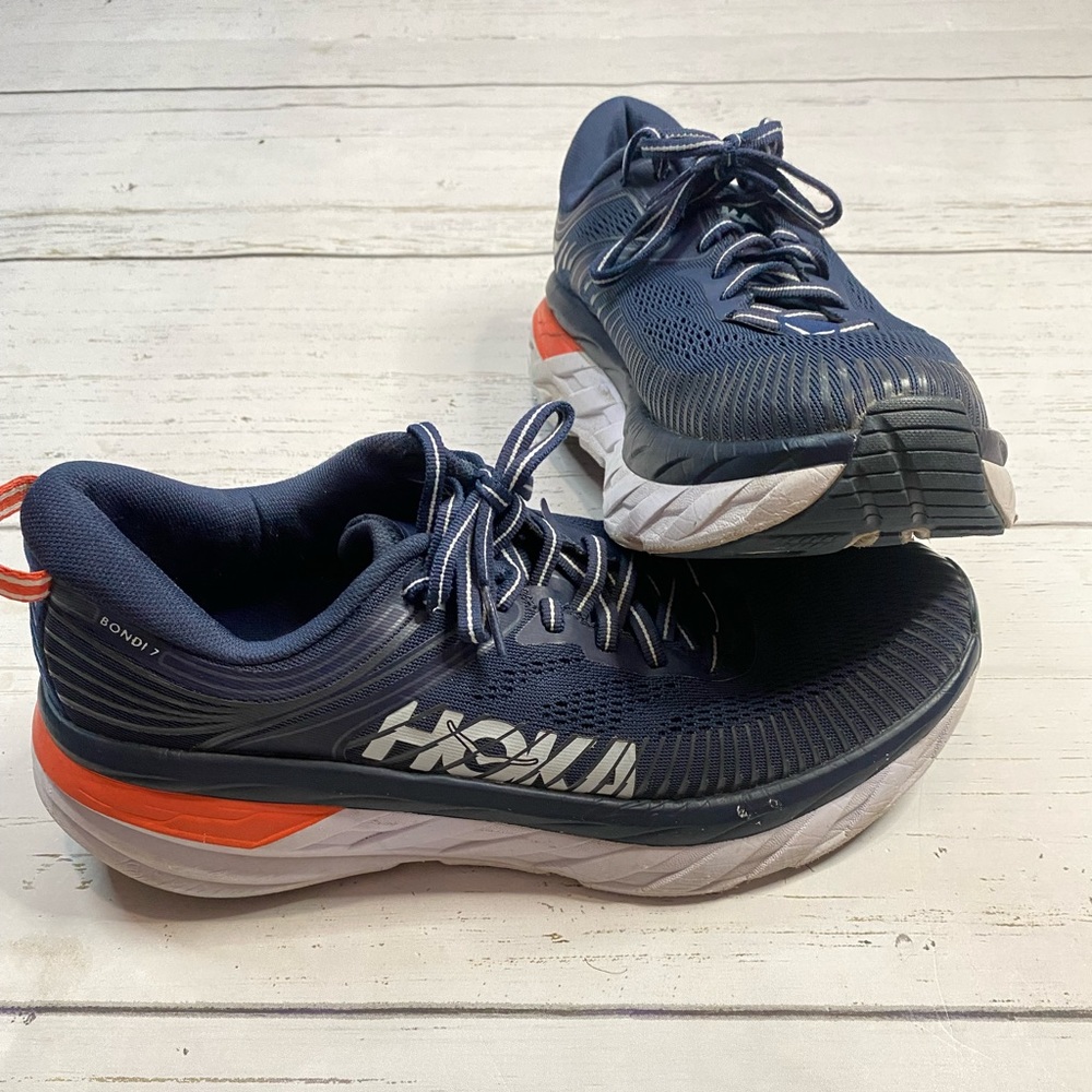 Hoka One One W Bondi 7 Blue and Orange Athletic Tennis Shoes Size 10